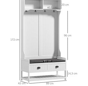 Appendiabiti ULEVR 89x42x172 cm con panca imbottita, cassetti e ripiani per scarpe, in MDF bianco