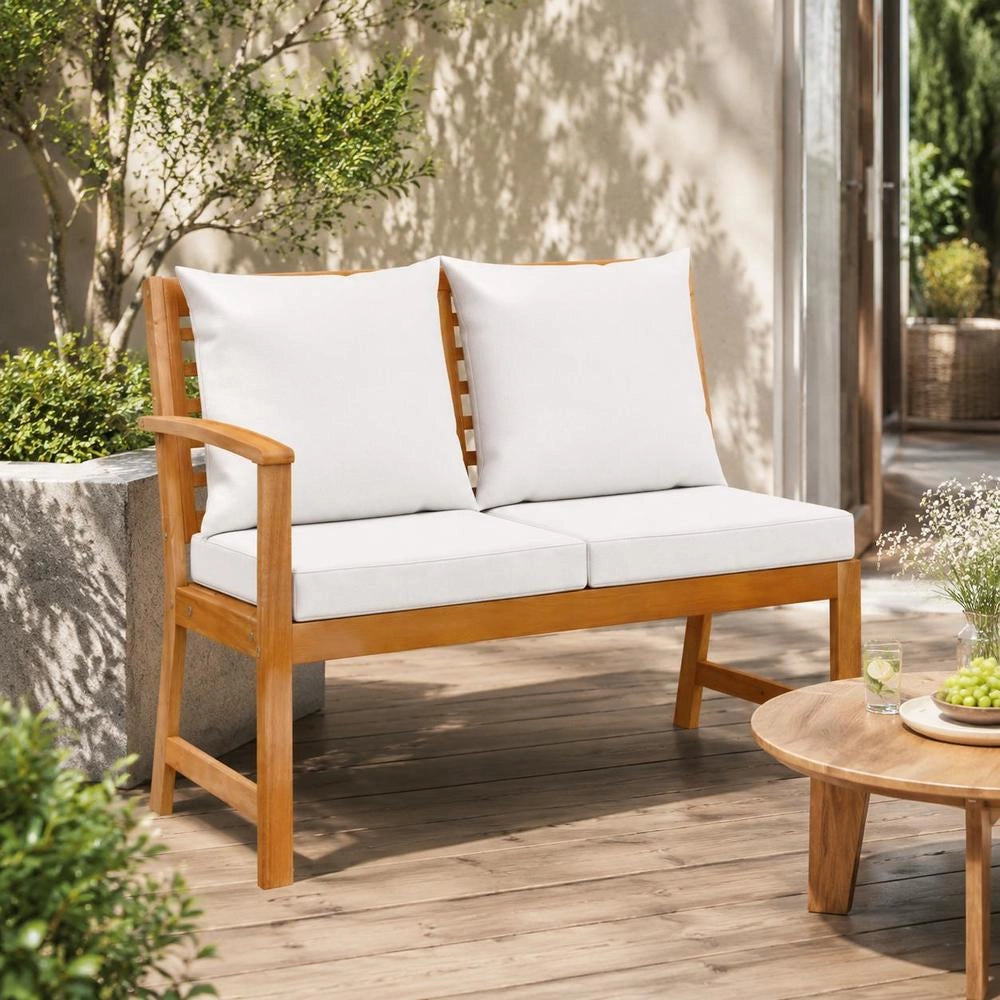 Garden Bench 114.5 Cm With Cream-white Cushions, Solid Acacia Wood