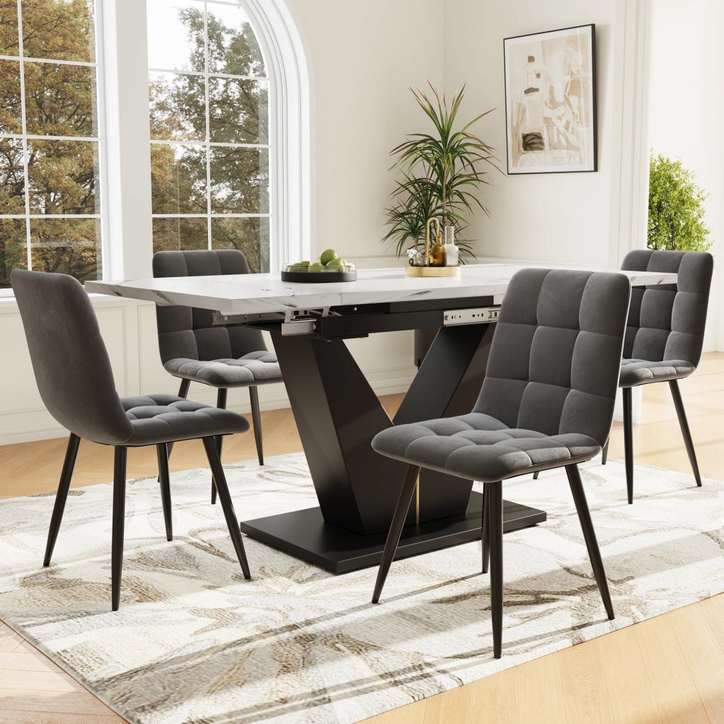 Tavolo da pranzo allungabile 99-159x75 cm con piano in MDF effetto marmo e gambe a V regolabili