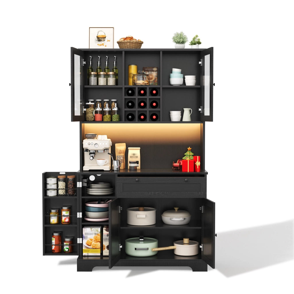 Armadio da cucina alto 180x105x40 cm con porta, ripiano spezie integrato, mensole regolabili, illuminazione LED a cambio colore e presa elettrica