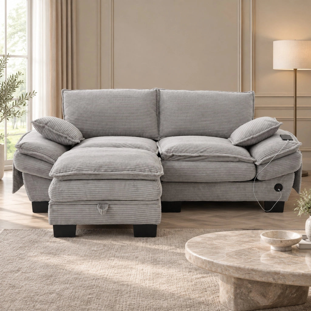 Divano 2 posti 190x132x84 cm in tessuto a coste grigio chiaro con pouf
