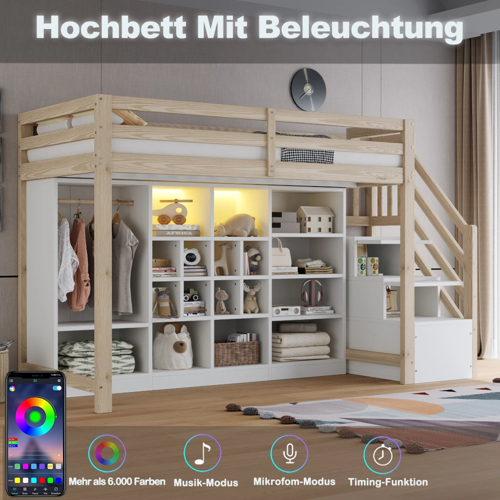 Letto a soppalco 90 × 200 cm con armadio ripiani scala contenitore LED rete a doghe in legno bianco