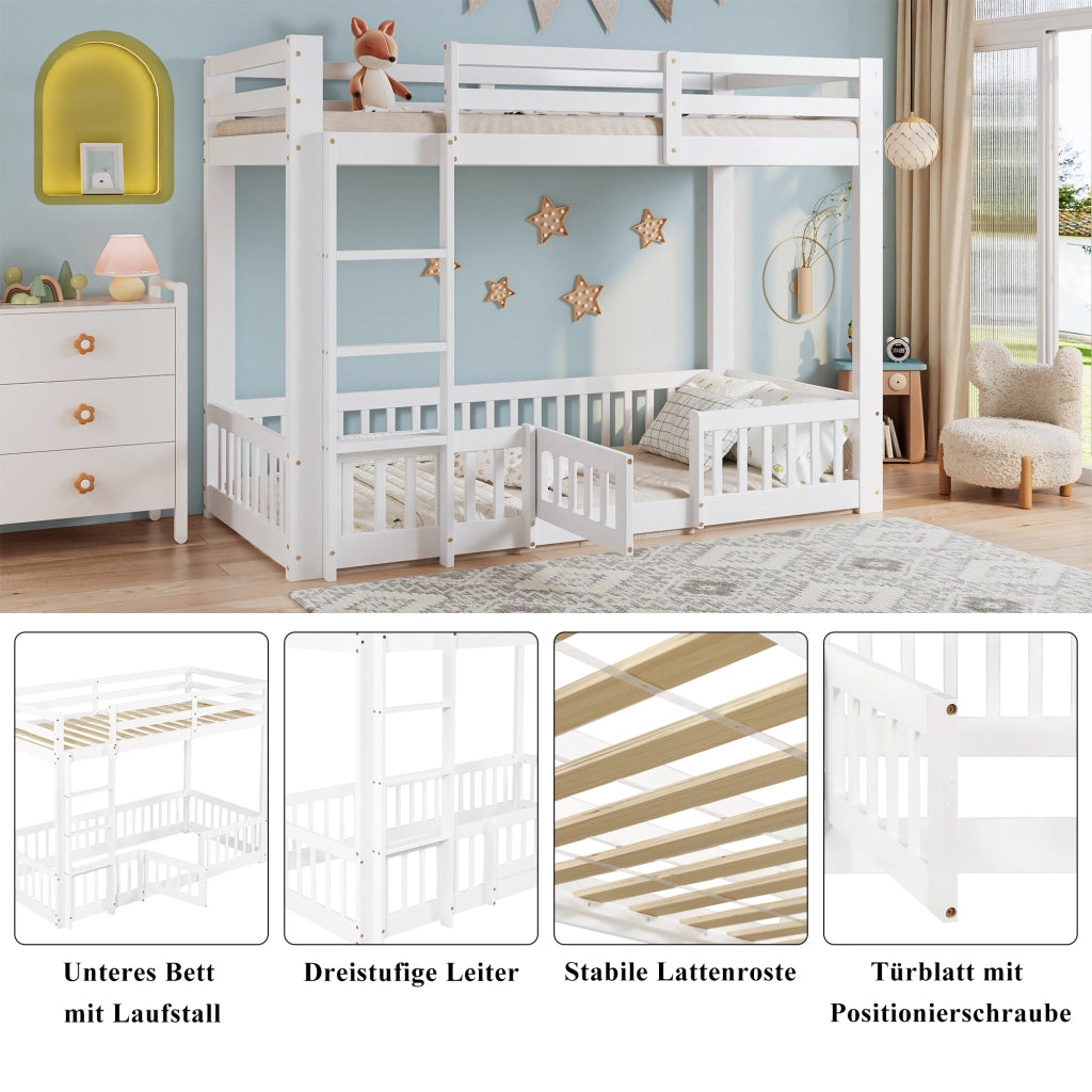 Letto a soppalco 90 × 200 cm con scala ad angolo; barriera e porta in legno bianco spazio libero sottostante
