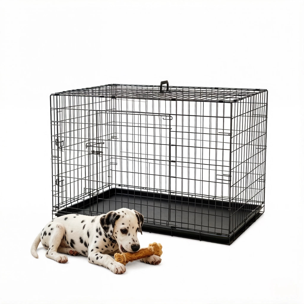 Gabbia per cani pieghevole con 2 porte bloccabili vassoio rimovibile maniglia in acciaio nero 121 × 77 × 82 cm