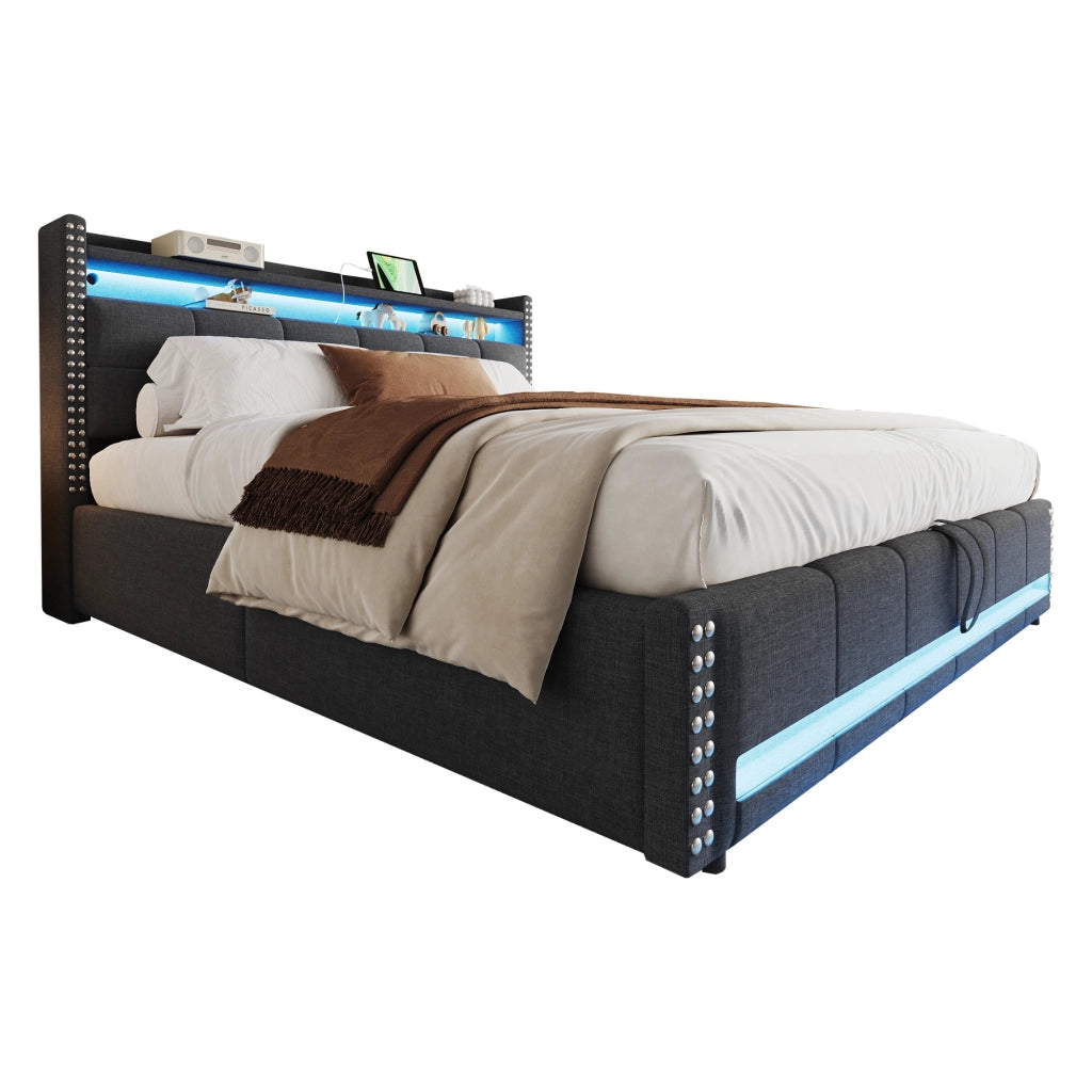 Letto imbottito 180x200 cm con contenitore; LED multicolore e presa USB; grigio