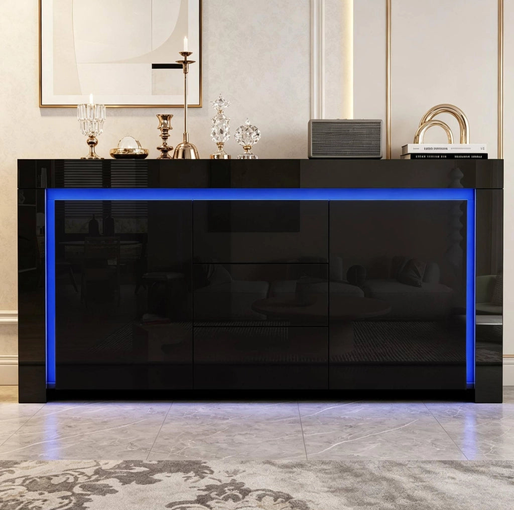 Sideboard nero lucido con 2 ante, 3 cassetti e luci LED