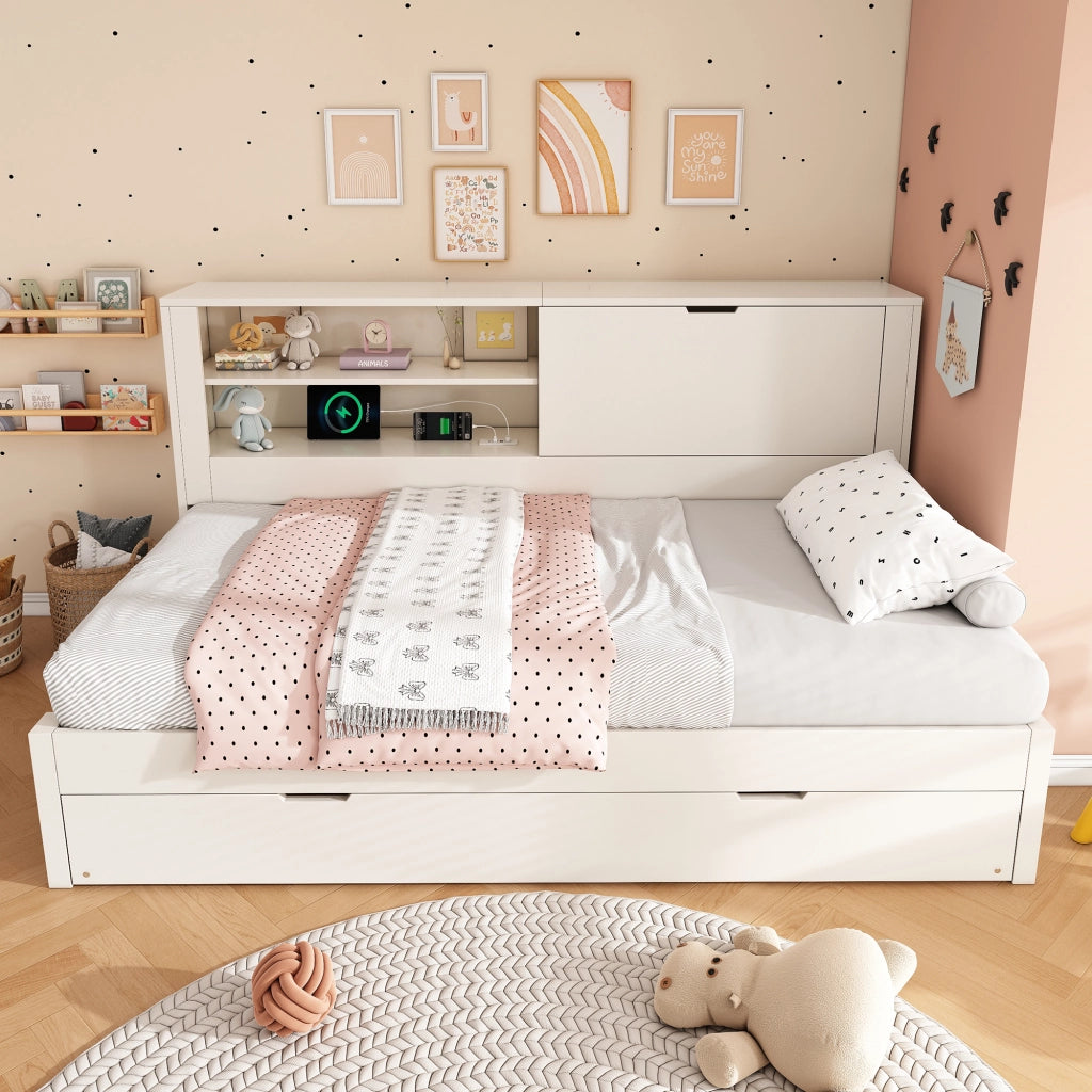Letto divano 90×200 cm con letto estraibile 90×190 cm; vani; USB e USB-C; 2 posti; senza materasso; bianco