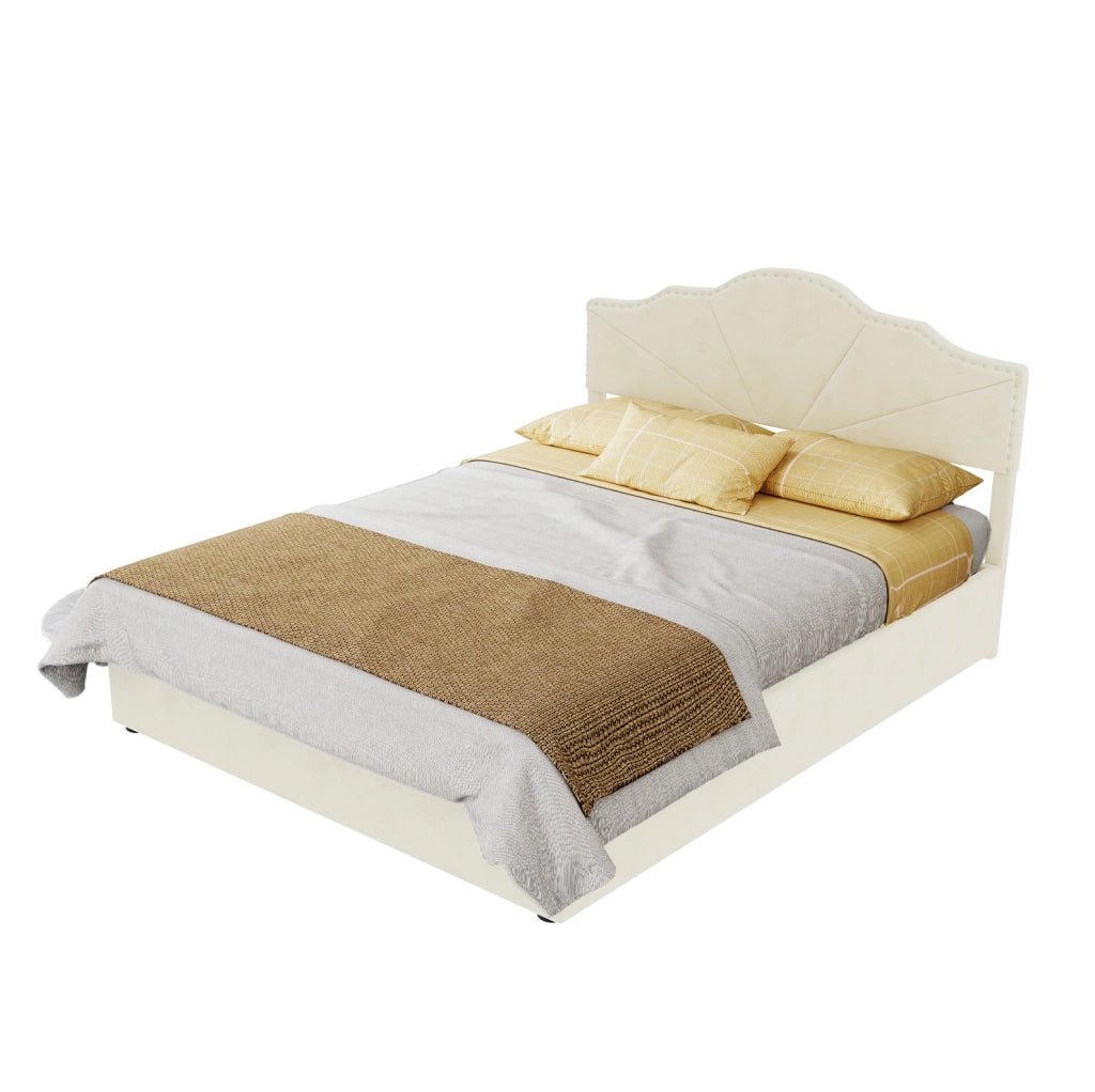 Letto moderno beige 140x200 cm con testiera imbottita e contenitore con pistoni idraulici, struttura in legno multifunzionale senza materasso