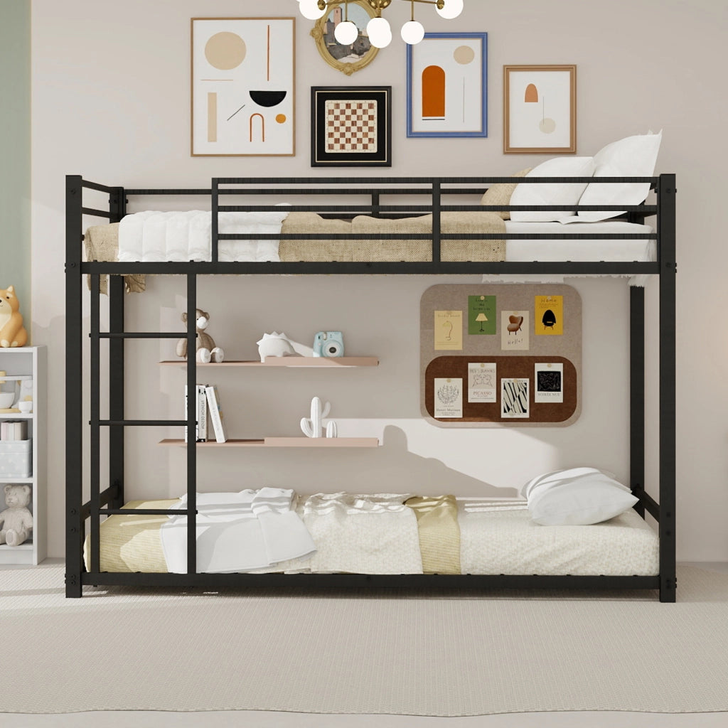 Letto a castello 2 posti 90 x 190 cm, struttura in metallo nero, scala 3 gradini e ringhiera, 200 kg per letto
