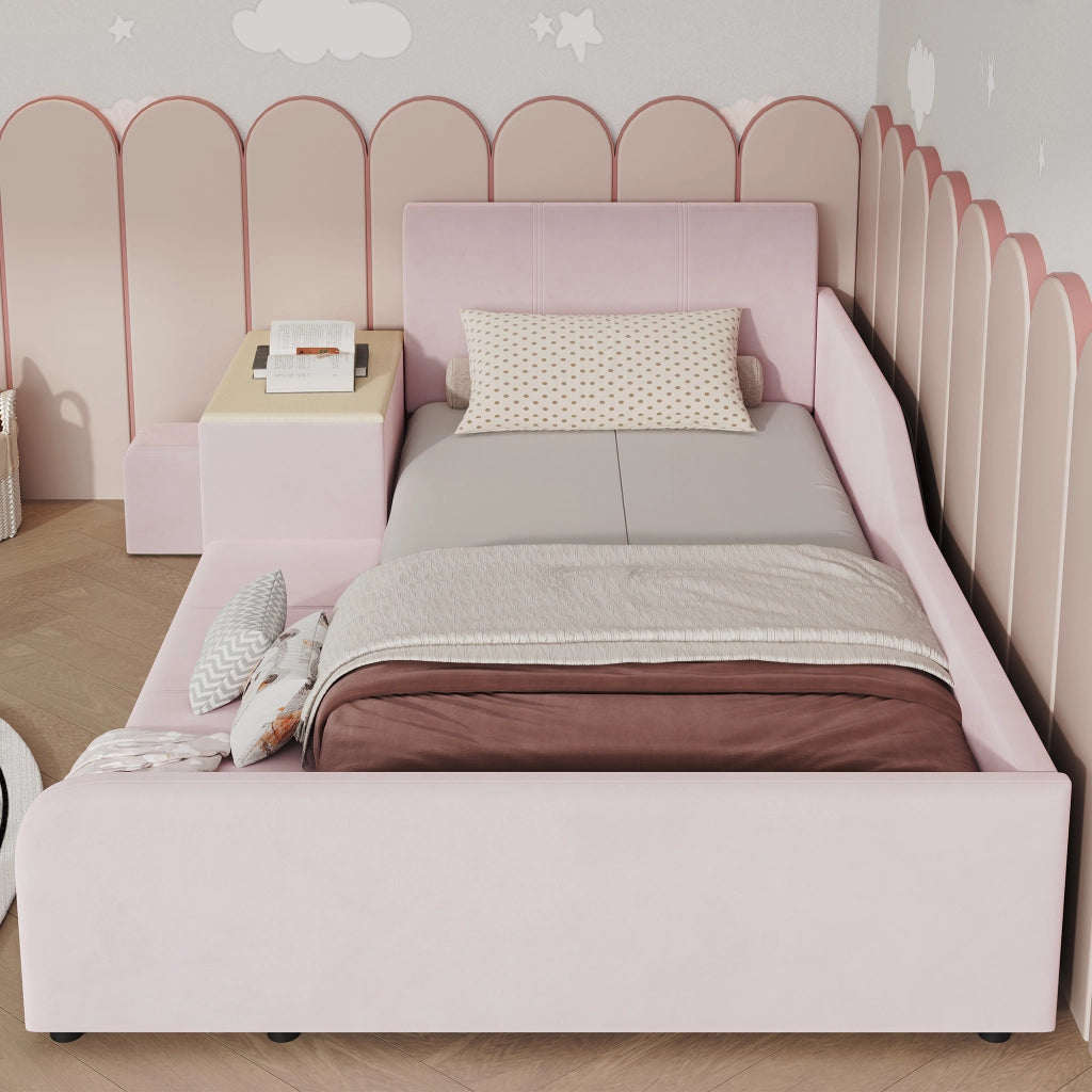 Letto singolo 90 × 200 cm con scrivania sgabello e ripiano testiera imbottita in velluto rosa con rete a doghe