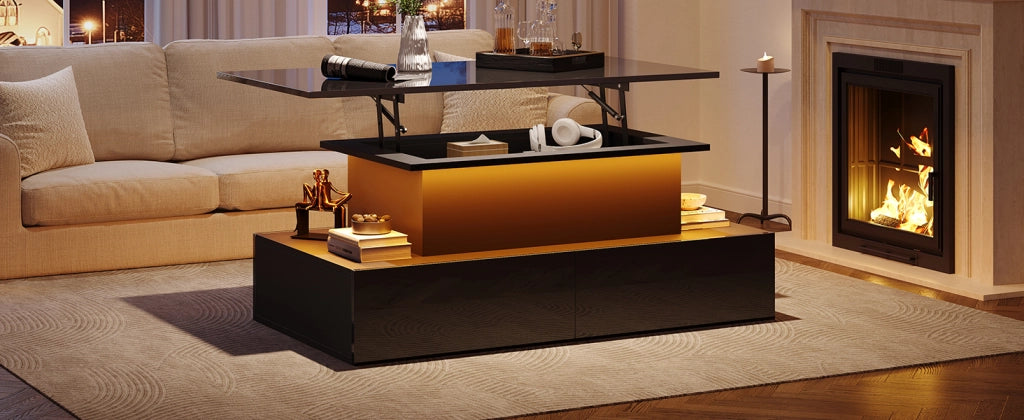 Tavolino da caffè con luci led nero lucido 4 cassetti 90x55x41 cm