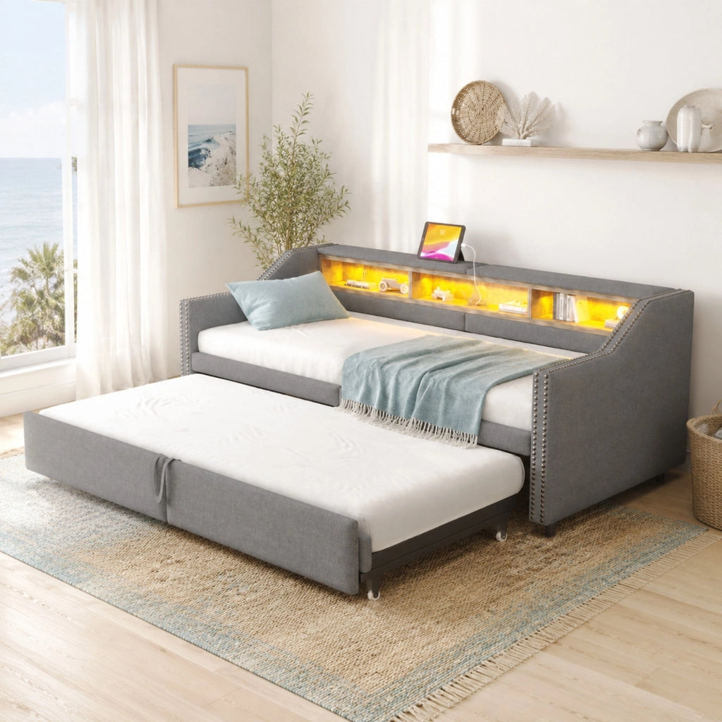 Divano letto estraibile 90/180x200 cm grigio chiaro con LED e USB