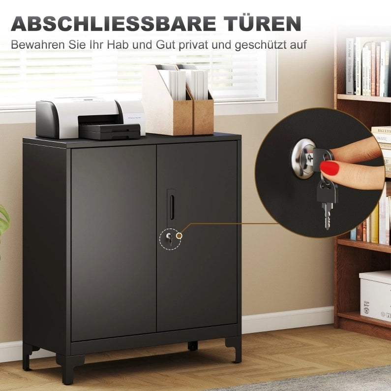 Armadio da ufficio in metallo con porte chiudibili, design a 2 livelli, colore nero