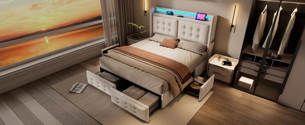 Letto matrimoniale imbottito 160x200 cm, beige, cotone. Testiera in pelle con ricarica USB C, 4 cassetti. Rete a doghe legno/metallo, portata 300 kg. Con materasso.
