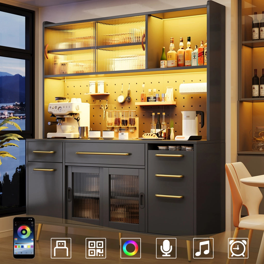 Credenza alta 145x39x171 cm in MDF, vetro e metallo nero con LED