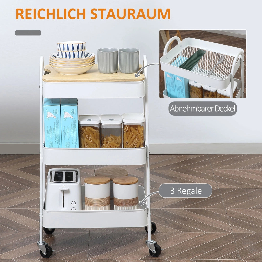 Carrello da cucina in metallo bianco a 3 ripiani con coperchio, dimensioni 45x31x79,4 cm