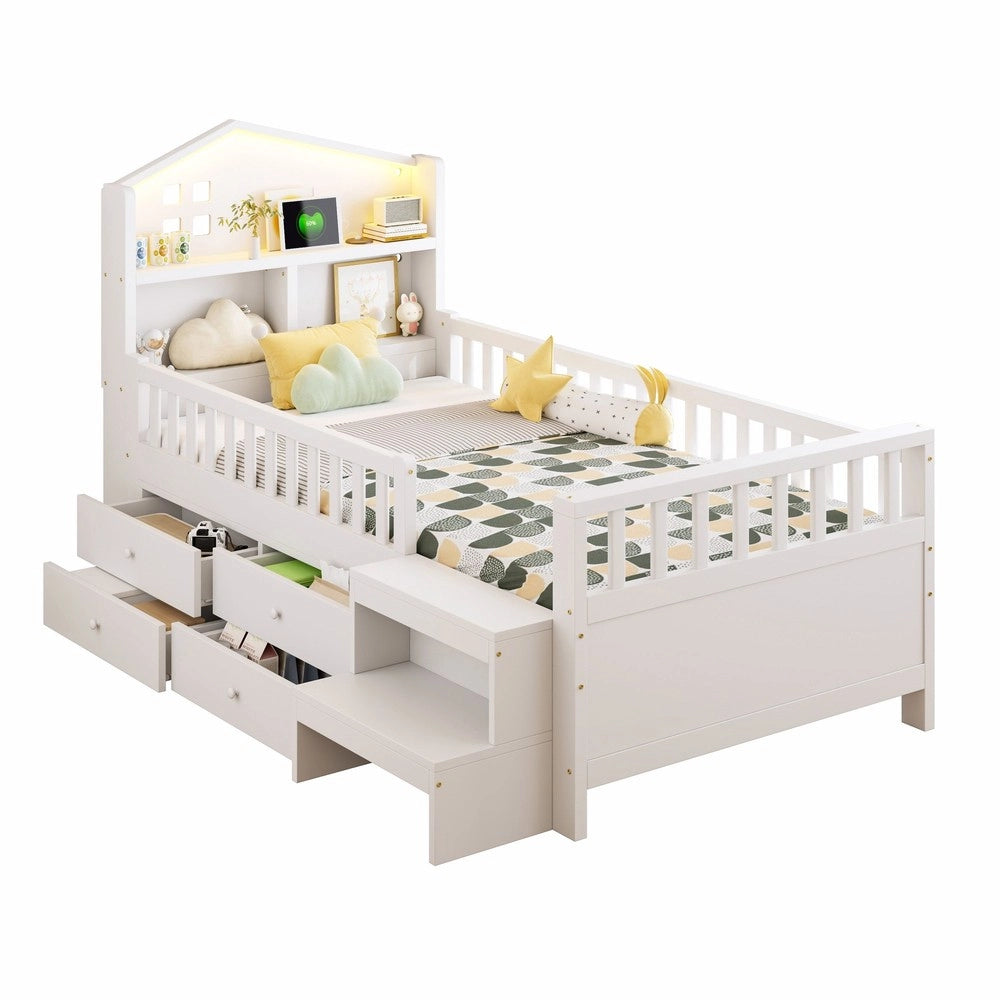 Letto Singolo Bambini 90x200 con Cassetti, LED e Rete a Doghe ¨C Xylo ¨C Massello Bianco