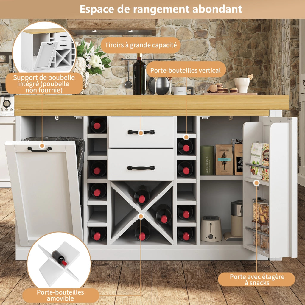 Tavolo da cucina con piano girevole 360° portabottiglie estraibile e portarifiuti bianco 120–223 × 40 × 73.8 cm