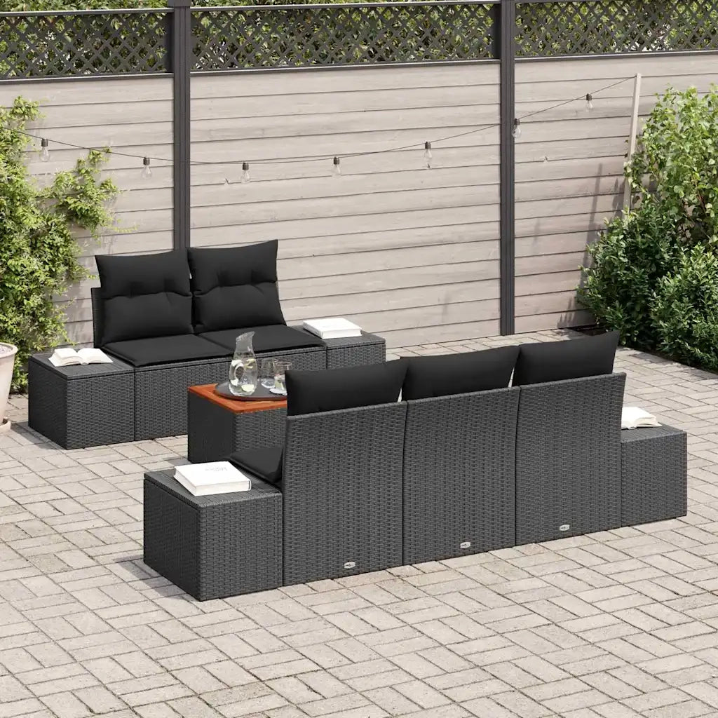 Set Divano da Giardino con cuscino 6 pcs Nero polyrattan