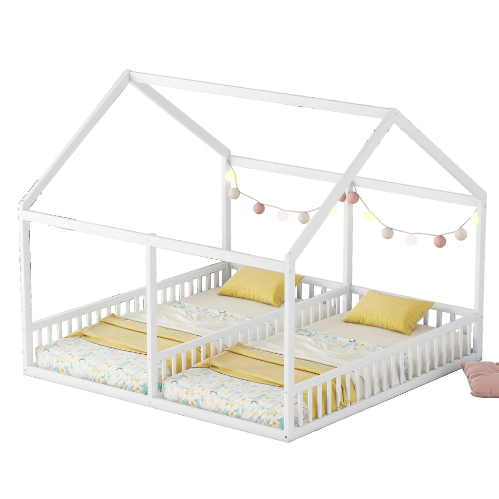 Letto a casetta per bambini 90 × 200 cm e 90 × 200 cm 2 posti con barriere; senza materasso; bianco
