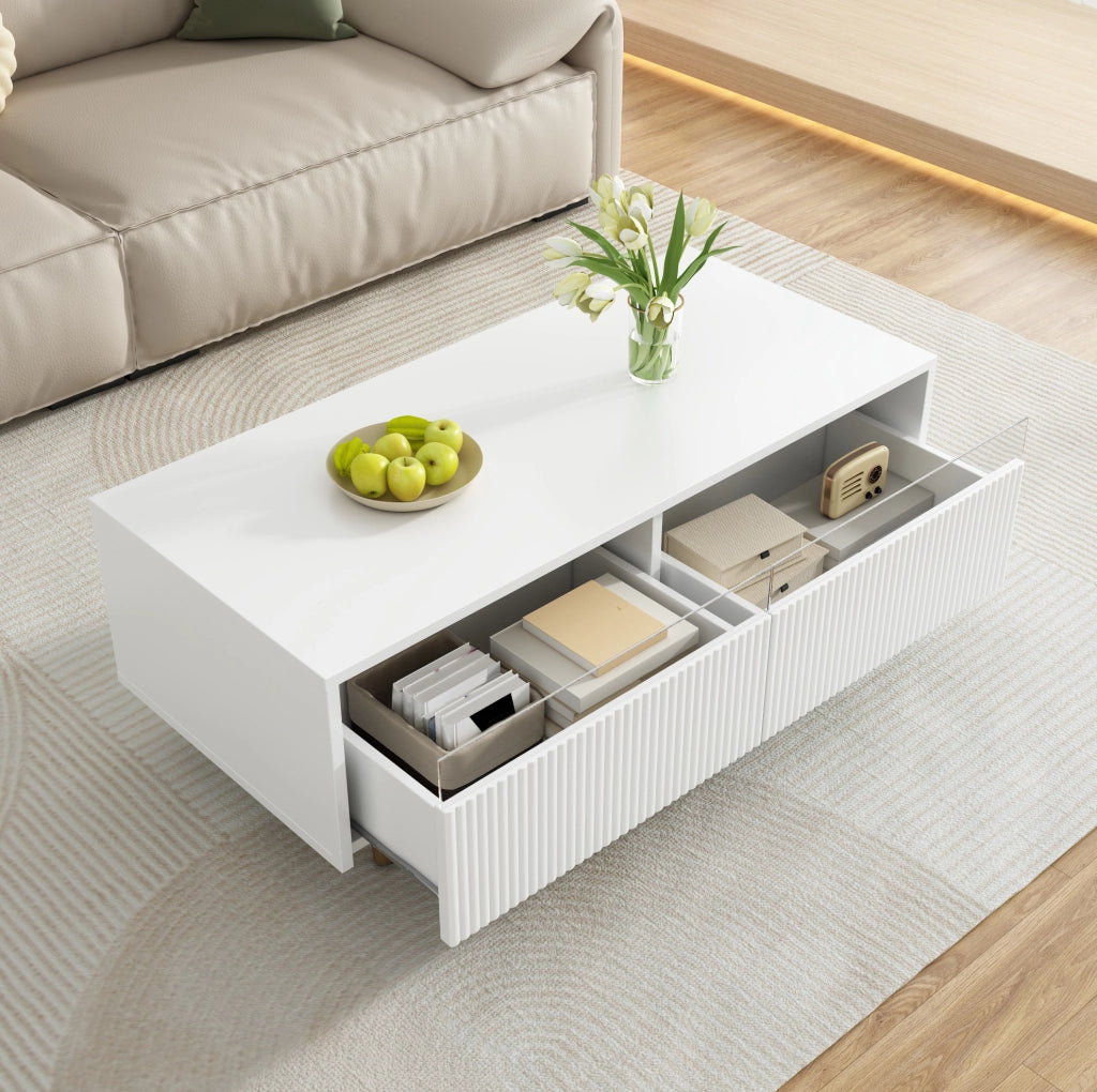 Tavolino da salotto moderno con illuminazione LED colorata, doppio cassetto e gambe in legno bianco e oro 110x50x40 cm