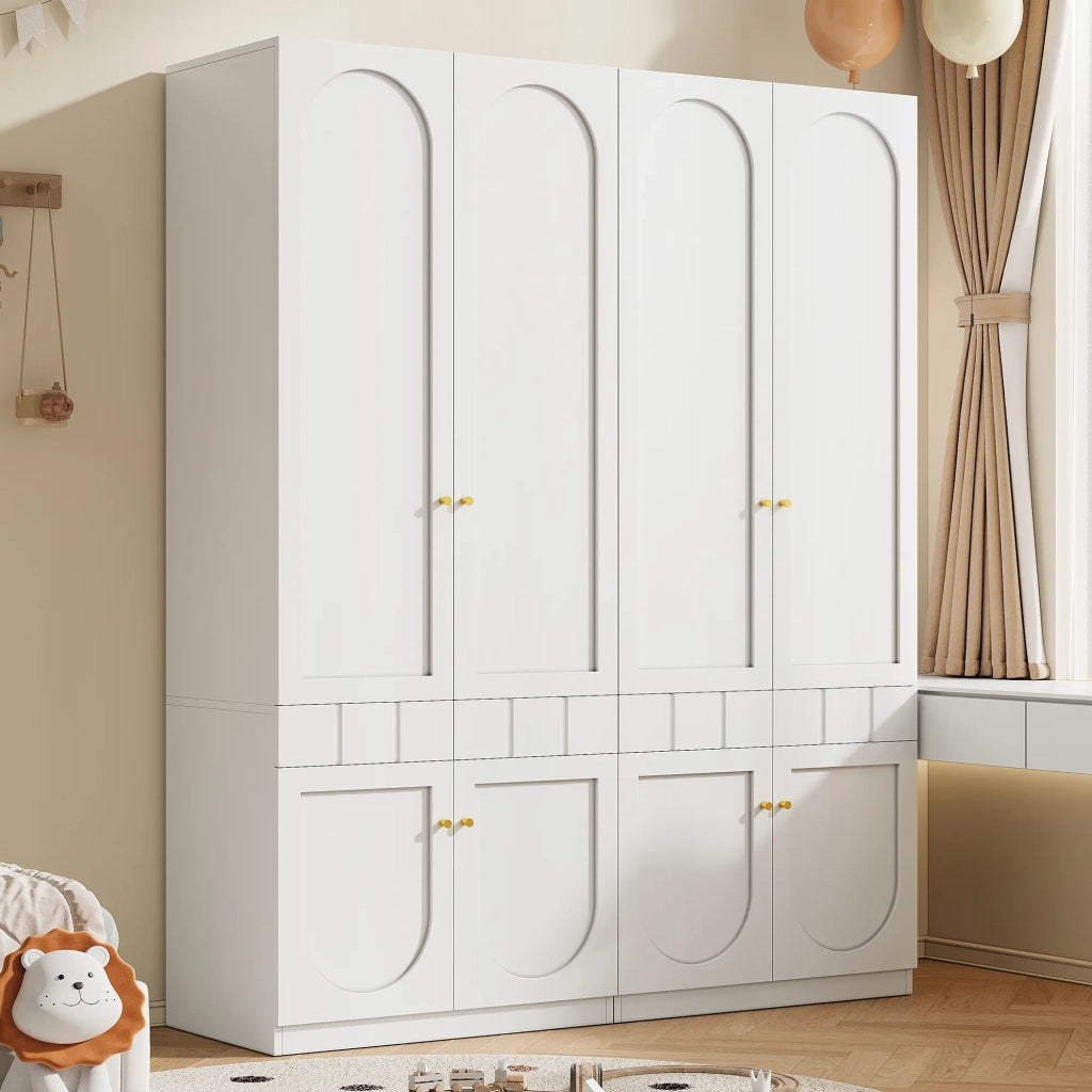 Set 2 Armadi Bianchi Laccati 160x50x200 cm, con Asta Appendiabiti, Cassetti e Maniglie in Metallo