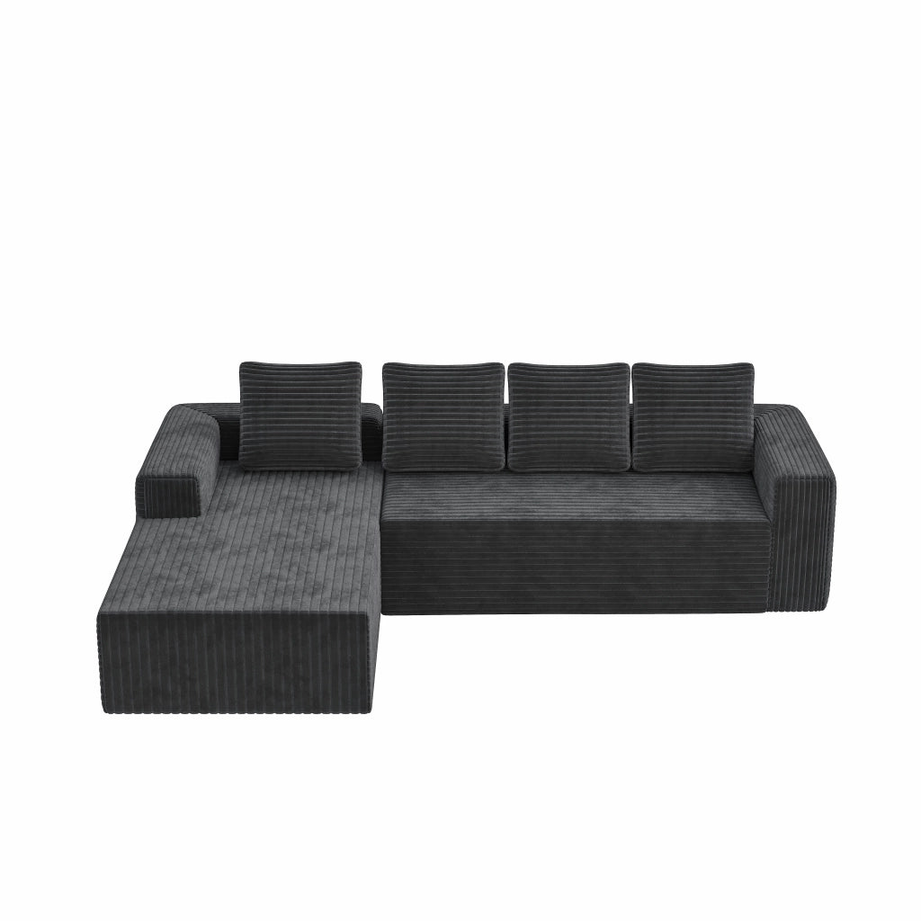 Divano modulare a L con chaise longue configurabile in velluto a coste grigio seduta profonda senza montaggio