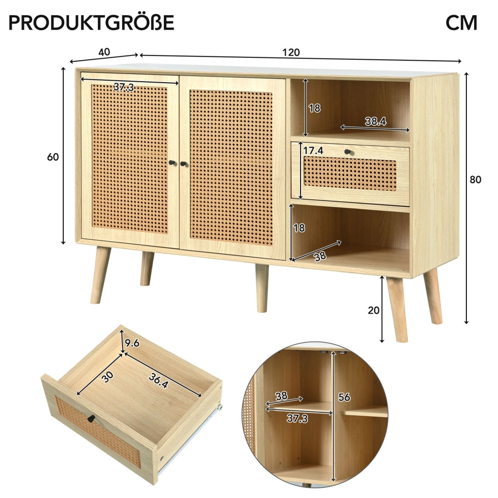 Credenza con Cassetto e 2 Ante in Rattan ¨C MINIMAL ¨C Rovere, Metallo Nero, 120x40x80
