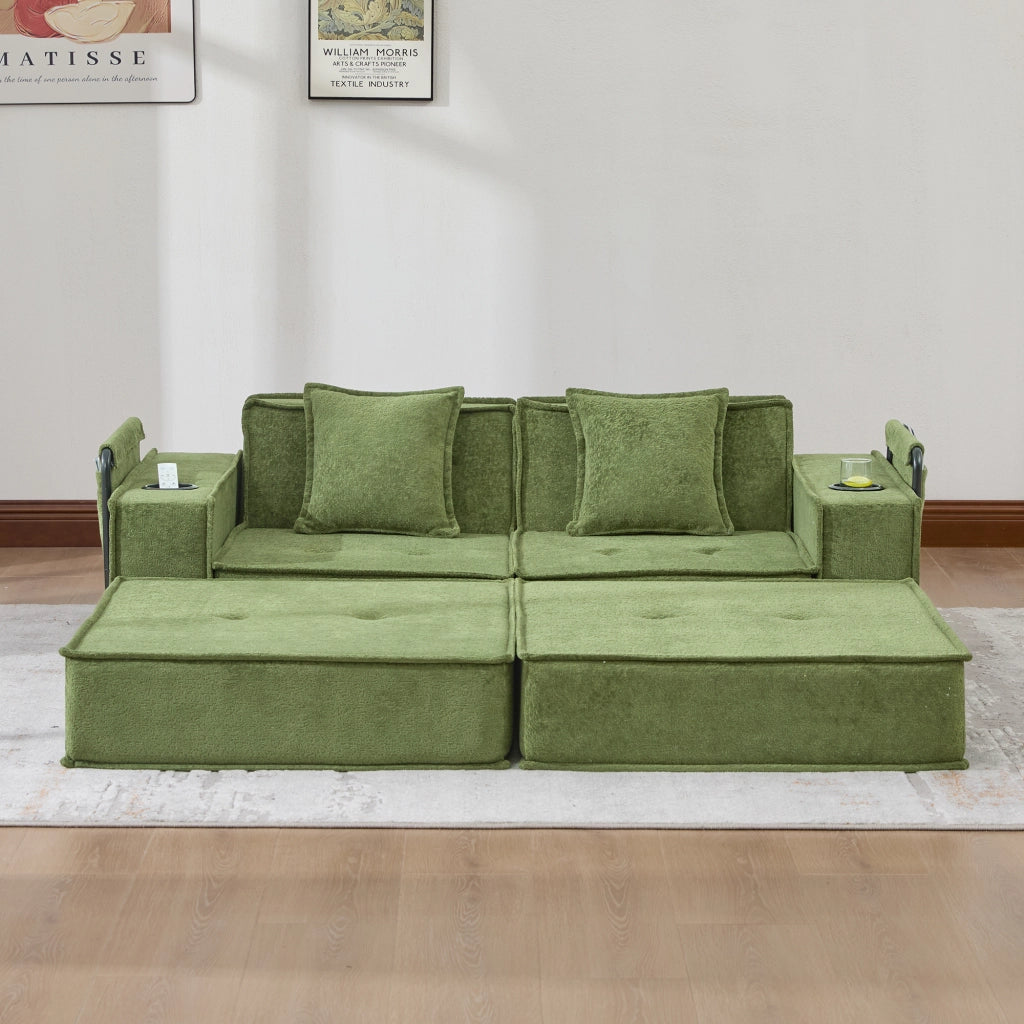 Divano modulare 2 posti - con tasche laterali e cuscini - in chenille verde