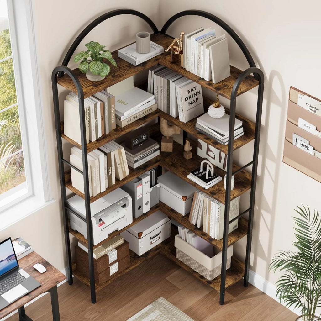 Libreria Angolare Industriale 5 Ripiani Scaffale ad Angolo da Terra con Struttura in Metallo Soggiorno Marrone Rustico
