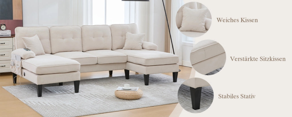Divano angolare a U 4 posti in lino beige con chaise-longue e schienale moderno