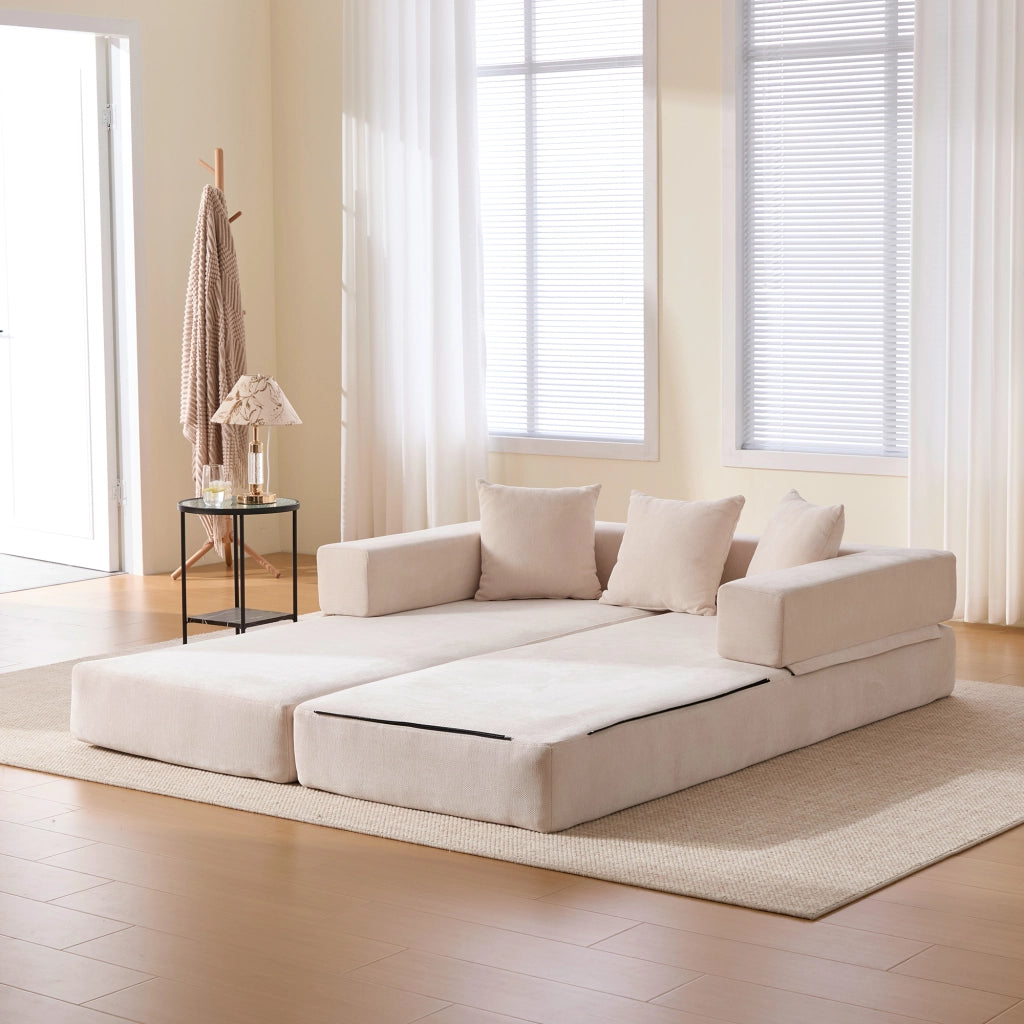 Divano modulare con tasche laterali e base antiscivolo in chenille beige