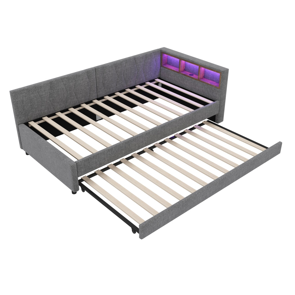Letto singolo 90x200 cm con secondo letto estraibile; LED; USB e tipo C; lino e MDF; beige