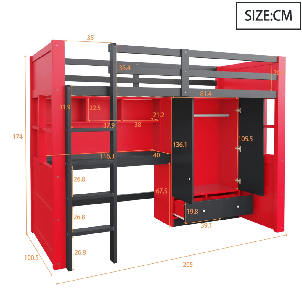 Letto a castello 90x200 cm in legno con armadio, scrivania, cassetti e scala, stile gaming nero e rosso