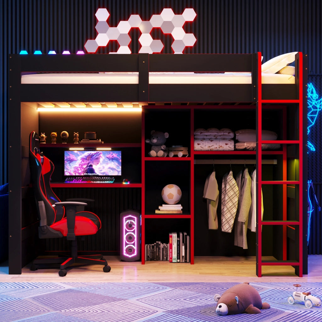 Letto a soppalco 90 × 200 cm 1 posto con scrivania, armadio, illuminazione LED e USB, senza materasso, nero rosso