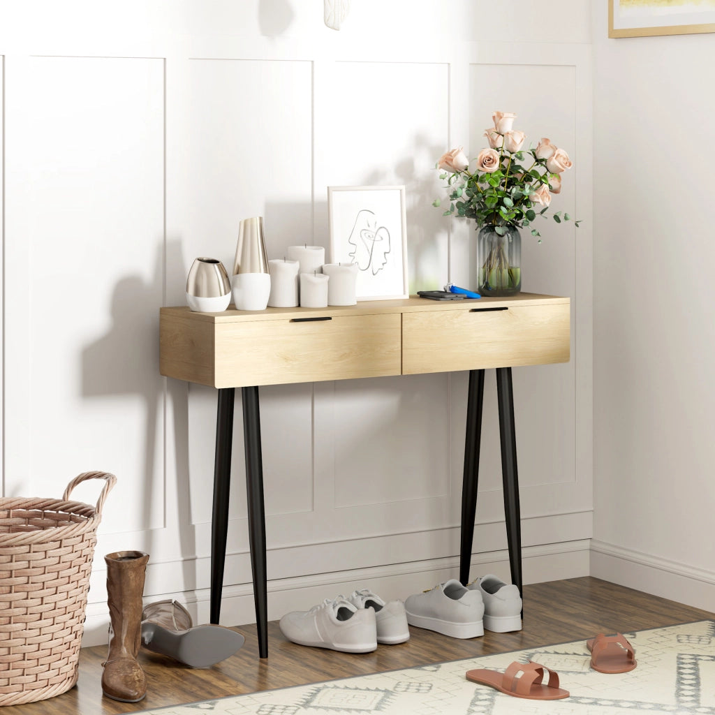 EasyComfort Consolle da Ingresso in Stile Nordico con 2 Cassetti in Legno e Acciaio, 100x30x80.5 cm, Rovere
