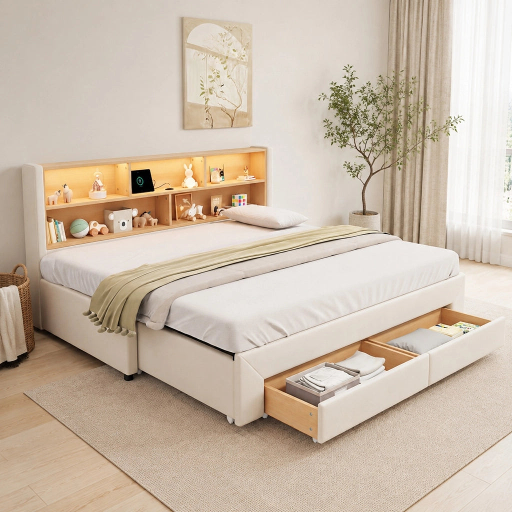 Letto divano allungabile 90x200 cm in velluto beige con 2 cassetti, senza materasso
