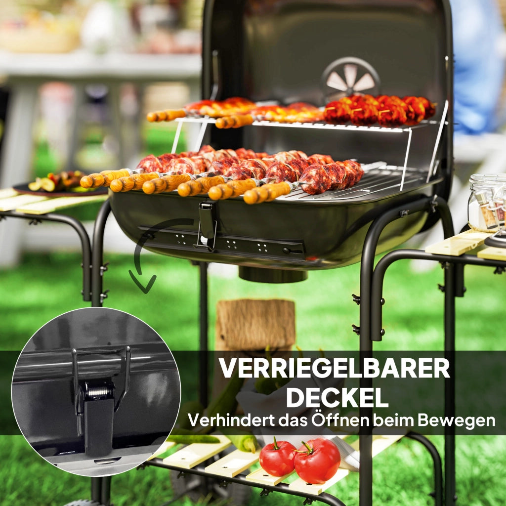 Barbecue a Carbone con Coperchio e Ruote ¨C Xylo ¨C Acciaio Nero 98x54x91 cm