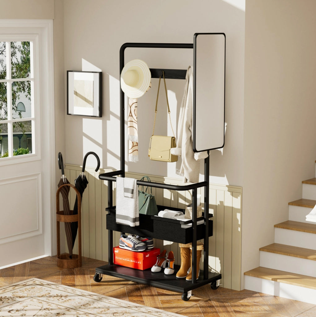 Appendiabiti mobile in metallo con specchio 70x40x170 cm, design 3-in-1 con cesto e ruote, colore nero