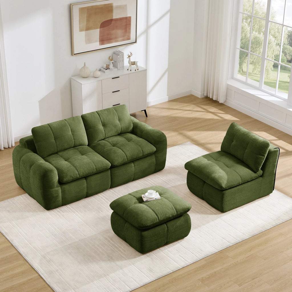 Divano modulare angolare 3 posti - con pouf coordinato - per soggiorno - in chenille verde