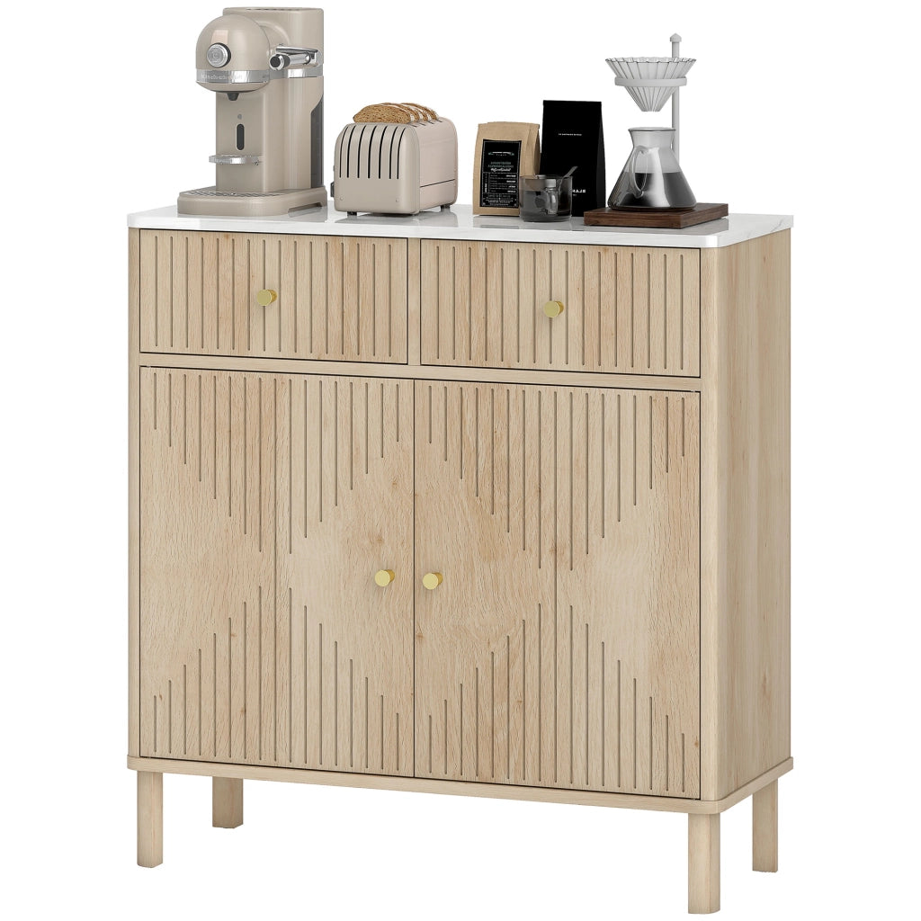 Credenza mobile contenitore scanalato effetto marmo e rovere, 2 cassetti e 2 ante con ripiano regolabile, 77x30x80cm