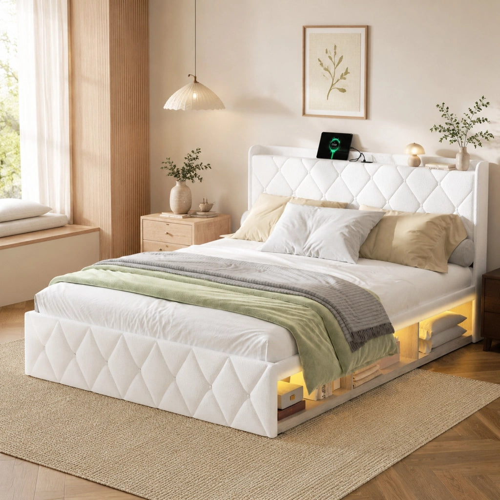 Letto imbottito 160 × 200 cm con testiera a orecchie; USB; prese e LED sottoletto in tessuto teddy bianco