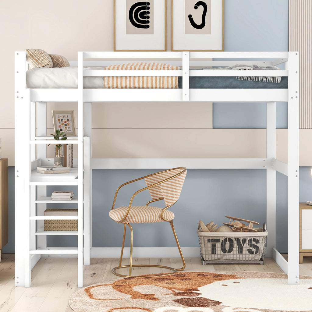 Letto a soppalco per bambini con contenitore, in pino massello, con 4 ripiani e piano scrivania, bianco, 140 x 200 cm