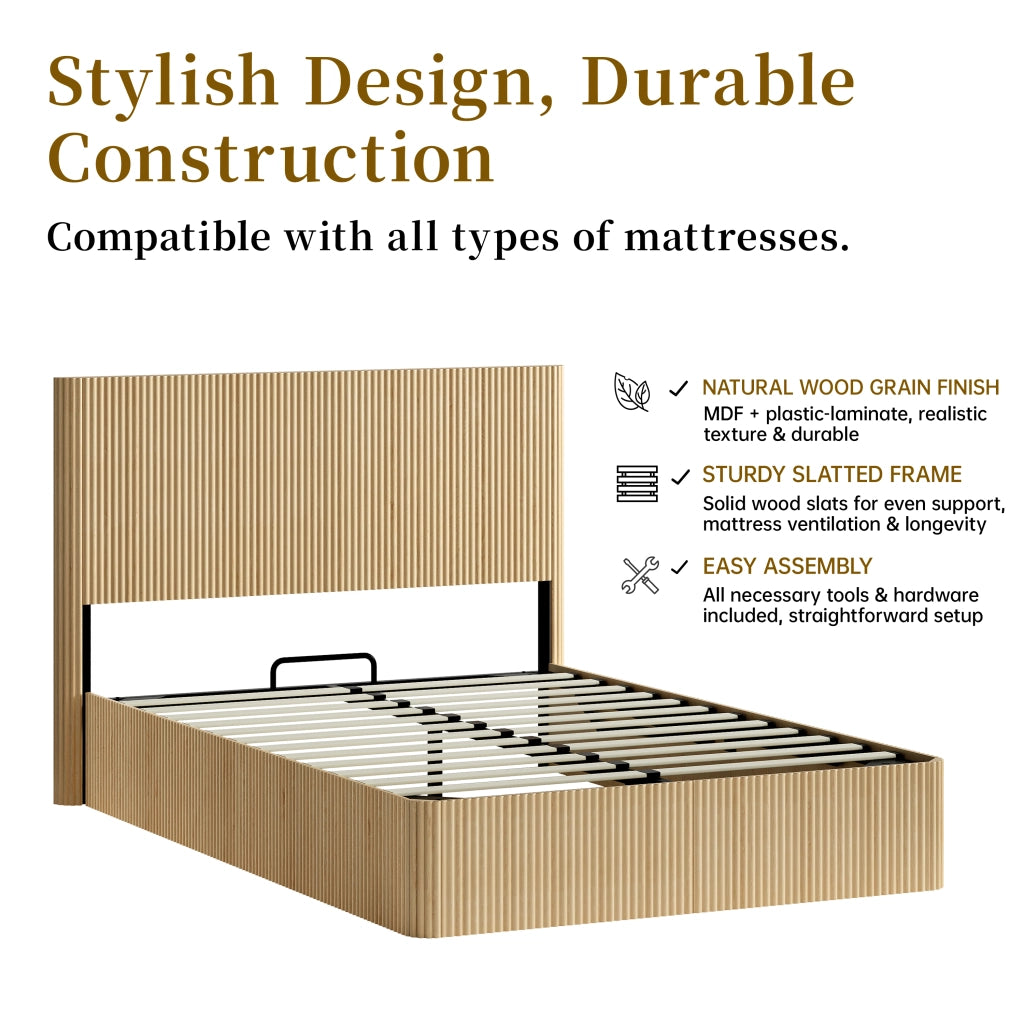 Letto contenitore 140 × 200 cm con sollevamento idraulico testiera a righe struttura in MDF e metallo rovere chiaro