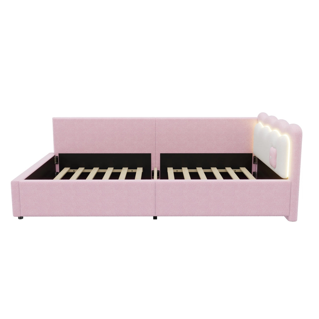 Divano letto singolo 90x200 cm con due cassetti; LED; USB e Type C; lino e MDF; beige