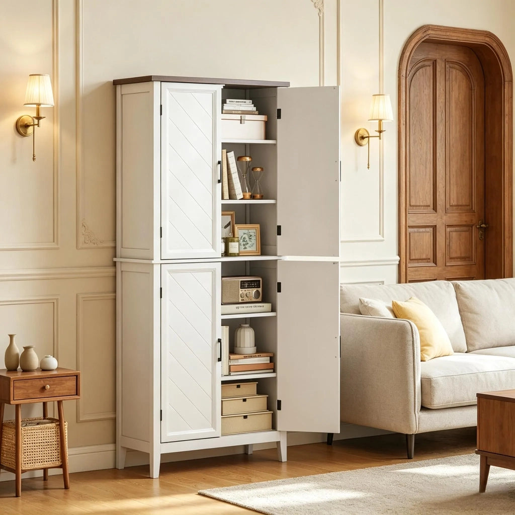 Credenza da cucina alta a 6 ripiani, con 4 ante in vetro e 4 mensole regolabili