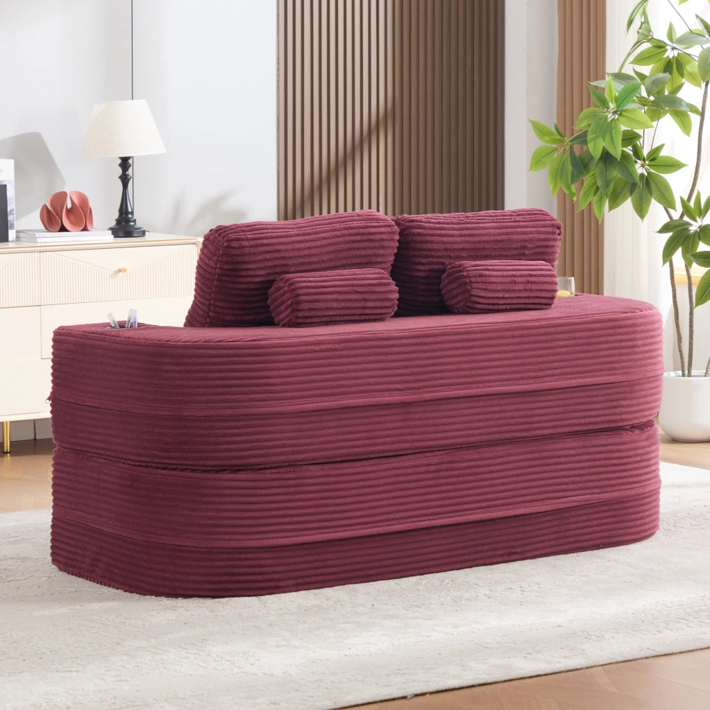 Poltrona letto 2-in-1 in velluto a coste, divano convertibile con braccioli regolabili e doppio porta bevande, colore vino