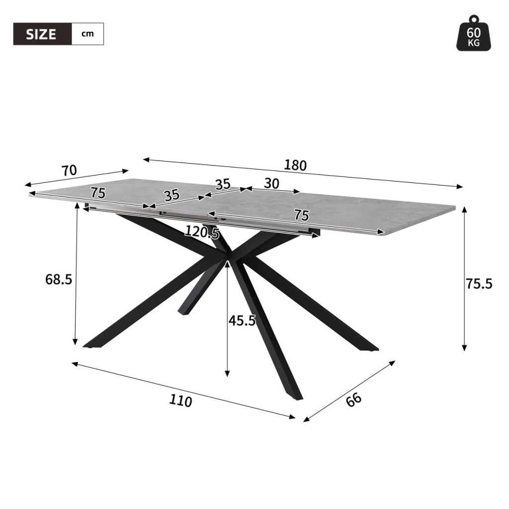 Tavolo da pranzo allungabile in MDF nero e grigio con gambe incrociate, versatile e moderno