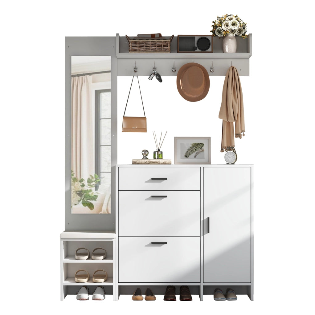 Mobile guardaroba da ingresso con scarpiera; specchio e panca; 140 ¡Á 30 ¡Á 200 cm; MDF bianco