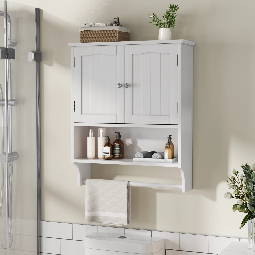 Mobiletto Bagno Sospeso Bianco in MDF con Porta Asciugamani e Ripiani Regolabili; 56.8x19x70 cm